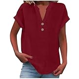 Damen Tshirt, musselin Bluse Damen 2025 Frauen Sommer Tshirt Baumwolle Leinen Cap Sleeve T-Shirt Knopf V-Ausschnitt Tunika Tops Mode Baggy Solid Plain Casual Tshirts Trendy Bluse Wein XL
