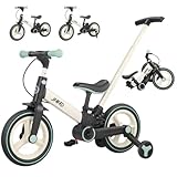 JMMD 6-in-1 Kinderfahrrad mit Stützrädern und Pedalen, Alter 18 Monate-5 Jahre, 12 Zoll Konvertierbares und Faltbares Laufrad & Fahrrad mit Verstellbarem Elternschiebegriff, Ständer, Bremsen