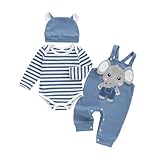 Himllauen Baby Jungen Kleidung Strampler Latzhose und Hut Set 3-teilige Bekleidungssets für Jungen Baby Set Neugeborene Geschenk Baby Klamotten Junge (Blau Elefant, 3-6 Months)
