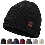 ricema Beanie Mütze Herren Damen - Wintermütze mit Lederpatch Warme Strickmütze mit Fleecefutter - Weiche Dehnbare Unisex Wollmütze - Stylische Urban Streetwear Mütze - Winter, Schwarz
