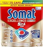 SOMAT Excellence Premium 5in1 Caps (75), schnellauflösende Spülmaschinentabs mit Extra Boost auch im Niedrigtemperatur-, Kurz- & Eco-Programm, entfernen selbst 72 h eingetrocknete Essensreste