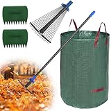 Garten Rechen, 152cm Laubrechen Metall mit Verstellbar Stiel Set - mit 32 Gallonen Laubsäcken und 2 Laubschaufeln, Gartenlaubrechen Rasenrechen mit 20-43cm Gartenrechenkopf zum Reinigen von Pflanzen