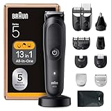 Braun All-in-One Series 5, 13-in-1 Multigroom, Barttrimmer, Nasenhaartrimmer, Haarschneidemaschine für Gesicht, Kopf und Körper, 120 Min Akku, 14 Längen (0.5–21 mm), Wasserdicht, AIO5565, Schwarz