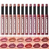 LANGMANNI 12 Farben Samt-Matte Lippenstift Set | Natürliche bis Intensive Nuancen • Hochpigmentiert & Nicht Austrocknend • Cremige Lippenstifte mit Schräger Spitze in Premium-Geschenkbox für Frauen