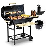 Berdsen Holzkohlegrill Grillwagen mit Deckel und Schornstein - Großer Grillrost 70 x 35 cm - XXL Grill mit Thermometer, Aschekasten und Flaschenöffner - Mobil auf Rädern