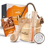 ALPENHAUCH Sauna Eimer mit Kelle [100% Naturholz] - Edler Saunakübel mit Sanduhr & Thermometer - Langlebiges Sauna Zubehör - Aufgusseimer Set (Saunaeimer mit Kelle, Sanduhr und Thermometer)