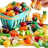JOYIN 68-teiliges Spielzeug-Lebensmittel-Set zum Schneiden für Kleinkinder – Küchenspielzeug, Gemüse-und Obst-Spielzeug, Aufbewahrungskorb & Schneidezubehör, Geschenk für Jungen und Mädchen